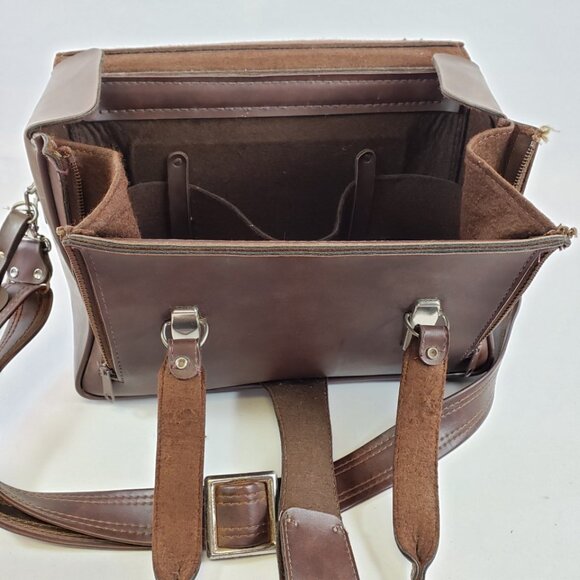Vintage Brown Leather Hard Side Zipper Drop Front Camera Bag Case 14"X 10"X 7" - Picture 12 of 16
